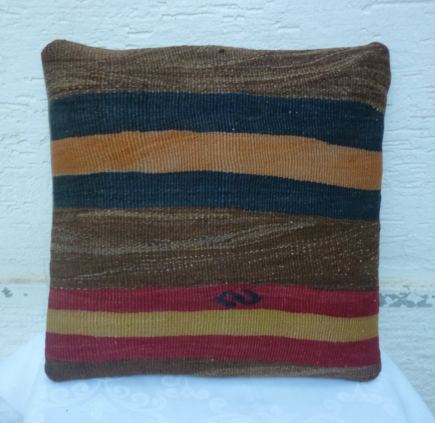 VINTAGE Home Decor Striped Kilim Embroidery Cushion Cover 16x16 inch, Decorative Throw Pillows, Accent Pillow, Tribal Cushion.