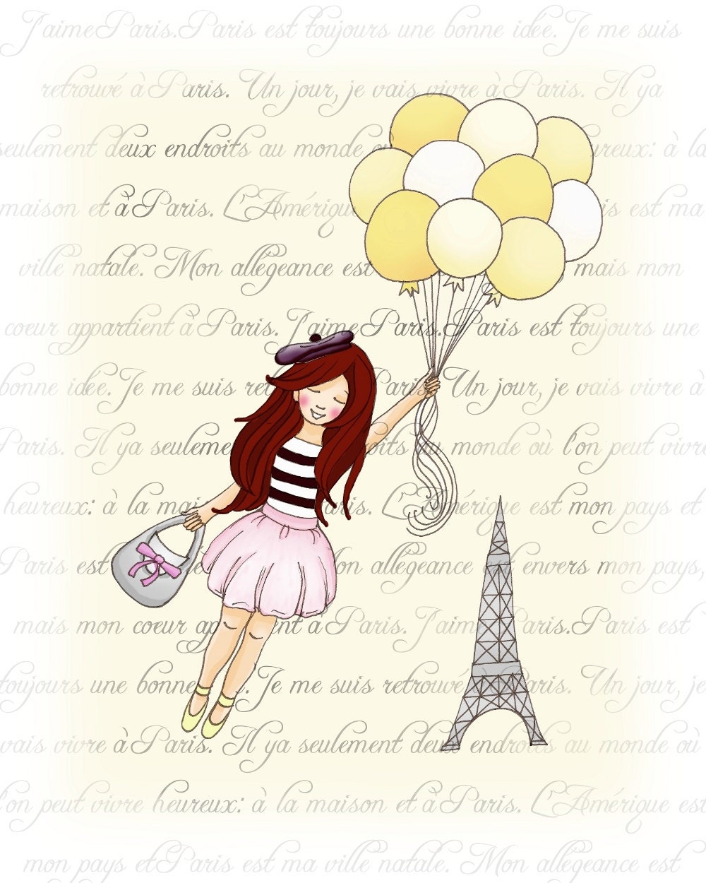 Girl in Paris, kids wall art, Bon Voyage, yellow balloons, pink grey decor, Kawaii 11x14 whimsical print