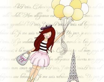 Girl in Paris, kids wall art, Bon Voyage, yellow balloons, pink grey decor, Kawaii 11x14 whimsical print
