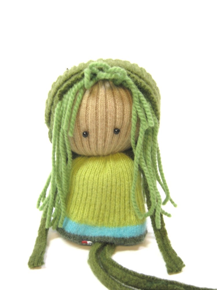 Rag doll Eco friendly toy Simple ragdoll OOAK Felted wool Upcycled green sweaters Soft scrap dolly