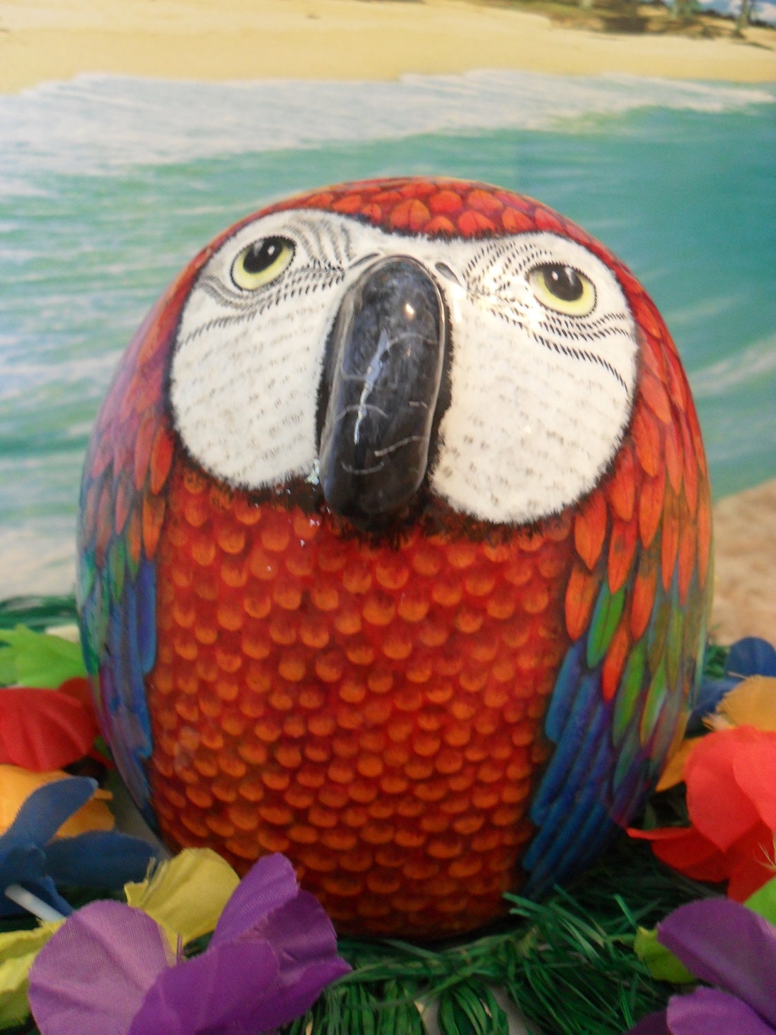 Red Parrot Hand Painted OOAK Rock Sculpture