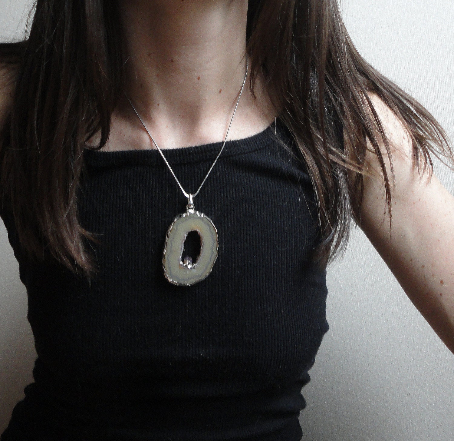 Slab Pendant Necklace - Agate with Amethyst - Natural Gemstones - Silver Chain - Jewelry Gift - Stone - Mineral - Healing