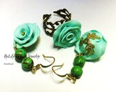 Summer Trendy Jewelry set - Polymer Clay Vintage Teal Mint "Roses" - Turquoise Earrings and Rose Ring