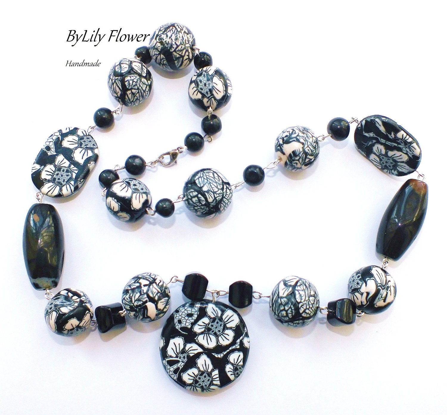 White and Black Polymer Clay Necklace "Lace" with Natural Onyx and Agate Beads.