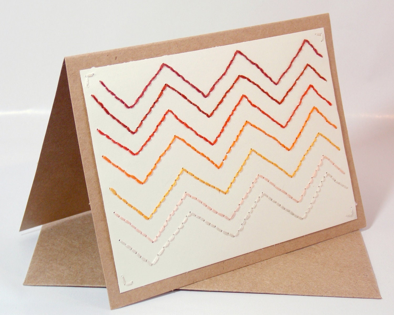 Hand Embroidered Card Chevron Scribbles Ombre Orange Kraft Paper Any Occasion Birthday Thank You Thinking of You