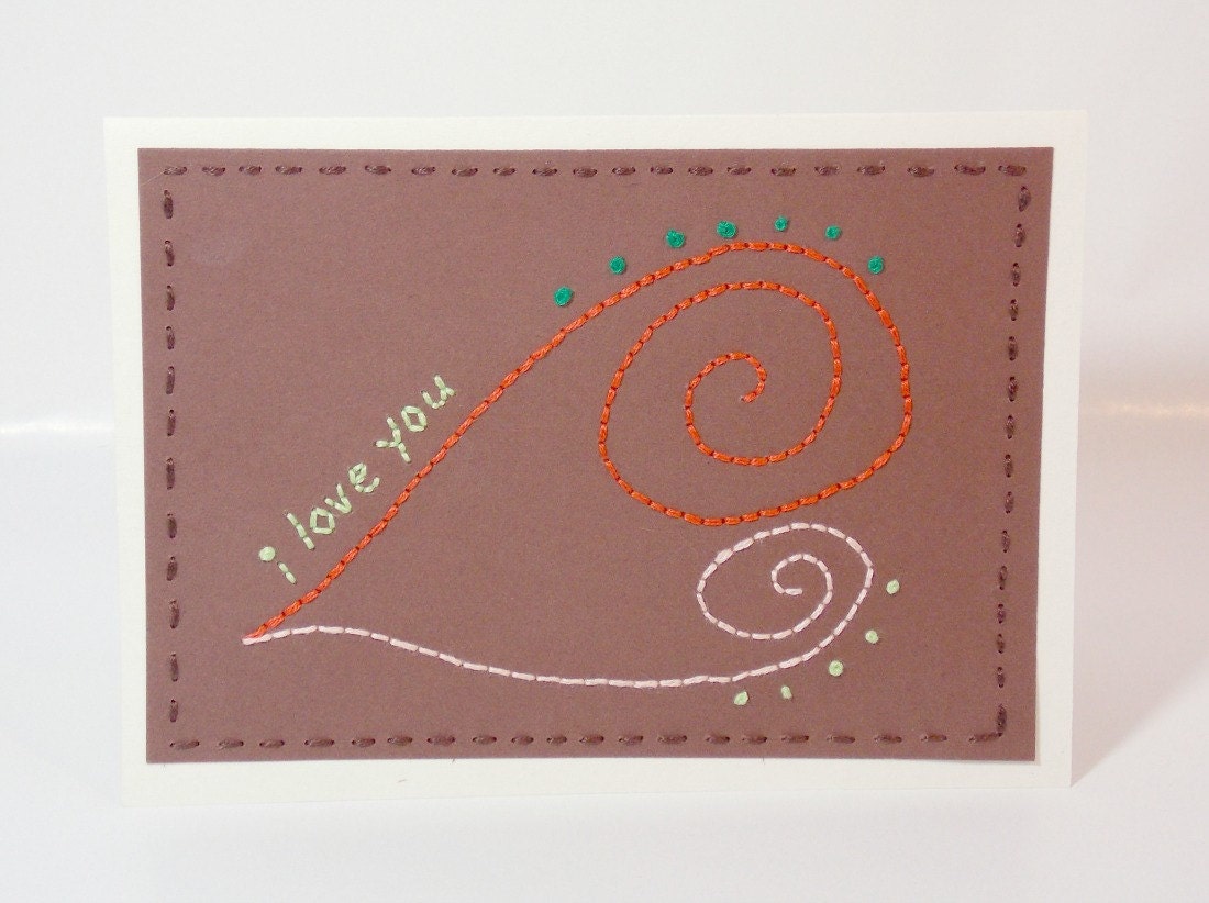 Hand Embroidered Card I Love You Swirl Heart Sweetheart Orange Green Wedding Engagement Couple Anniversary