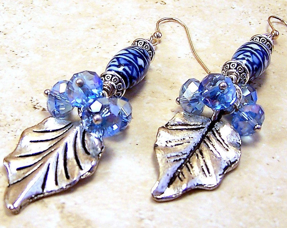 Earrings pierced womens jewelry blue white ceramic Bohemian gypsy dangle silver leaf denim blue Swarovski gems TAGT tenX