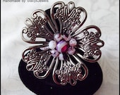 Large Dark Metal Filigree Flower Ring with Purple & White Stones