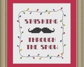 Stashing through the snow: funny Christmas mustache cross-stitch pattern