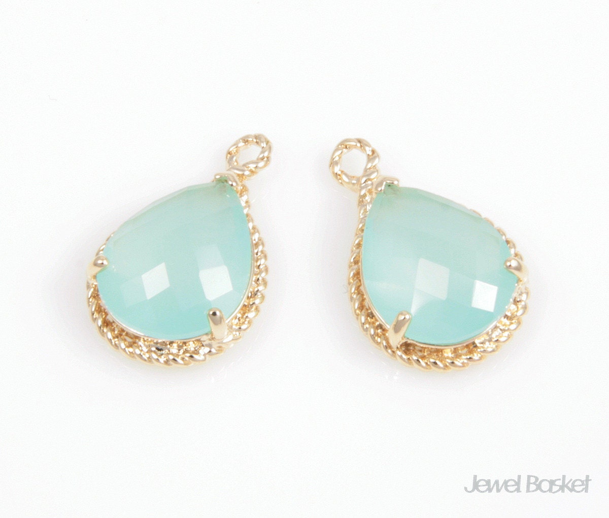 Cloudy Mint Glass and Gold Framed Teardrop Pendant - 2pcs Cloudy Mint Glass Pendant 12 x 18mm, Necklace Earrings Jewelry Pendant / SCMG012-P