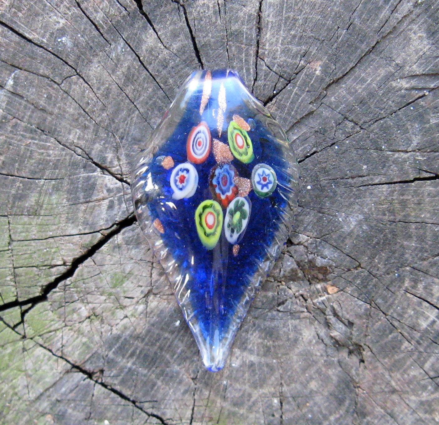GLASS MILLEFIORI Spoon Leaf PENDANT Blue Beautiful Murano Style Multicolor Destash