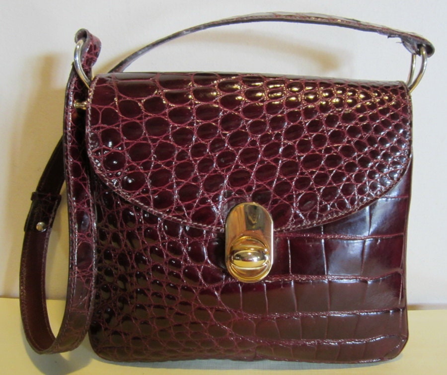 Fabulous vintage burgundy crocodile leather bag, croc handbag Regnier France