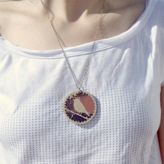 Little bird pendant. White stoneware necklace.