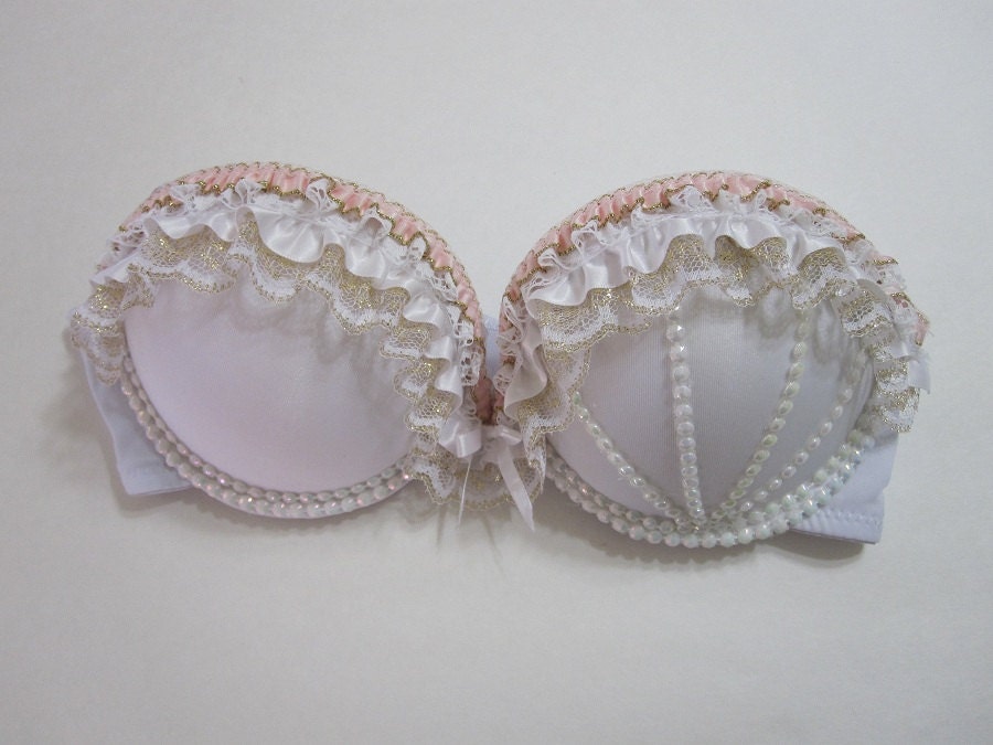 Pastel peach custom rave bra // lace // beads // bow