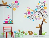Nursery Wall Decal - Birds, Owls, Squirrels - Swirly Tree Wall Decal - Cute Wall Decals - Kids Wall Decals - Childrens Wall Decals - WallDecalSource