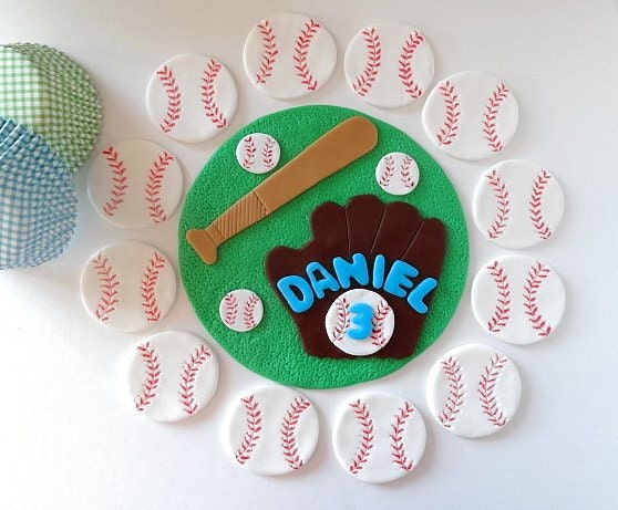 Complete Party Package Baseball Theme - 6" Fondant cake topper and 12 edible cupcake/cookie toppers with cupcake liners