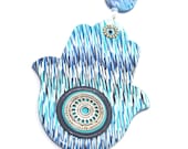 Wall decor, Polymer clay Hamsa, Good fortune Hamsa with blue, white and turquoise, evil eye protection