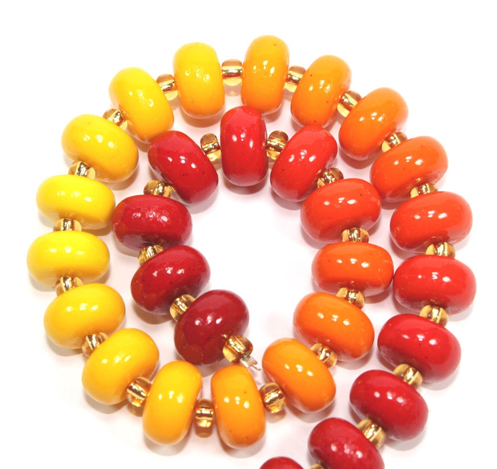 Colorful elegant Ombre beads, polymer Clay beads, unique beads in gradual transformation from shiny reds to oranges to yellows, set of 30.