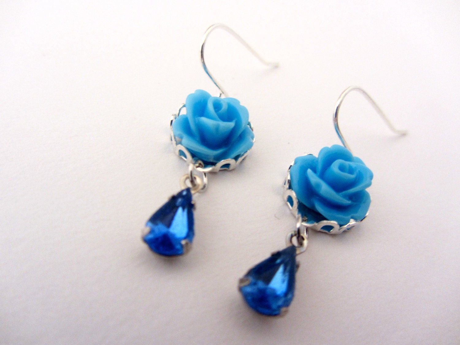 Blue Rose Earrings, Vintage Blue Teardrop, Dangle Earrings, Flower Earrings