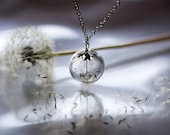 SIlver Dandelion Necklace Make A Wish Glass Bead Orb Dandelion Seed Transparent Round Beadwork Flower Botanical - TheHangingGarden