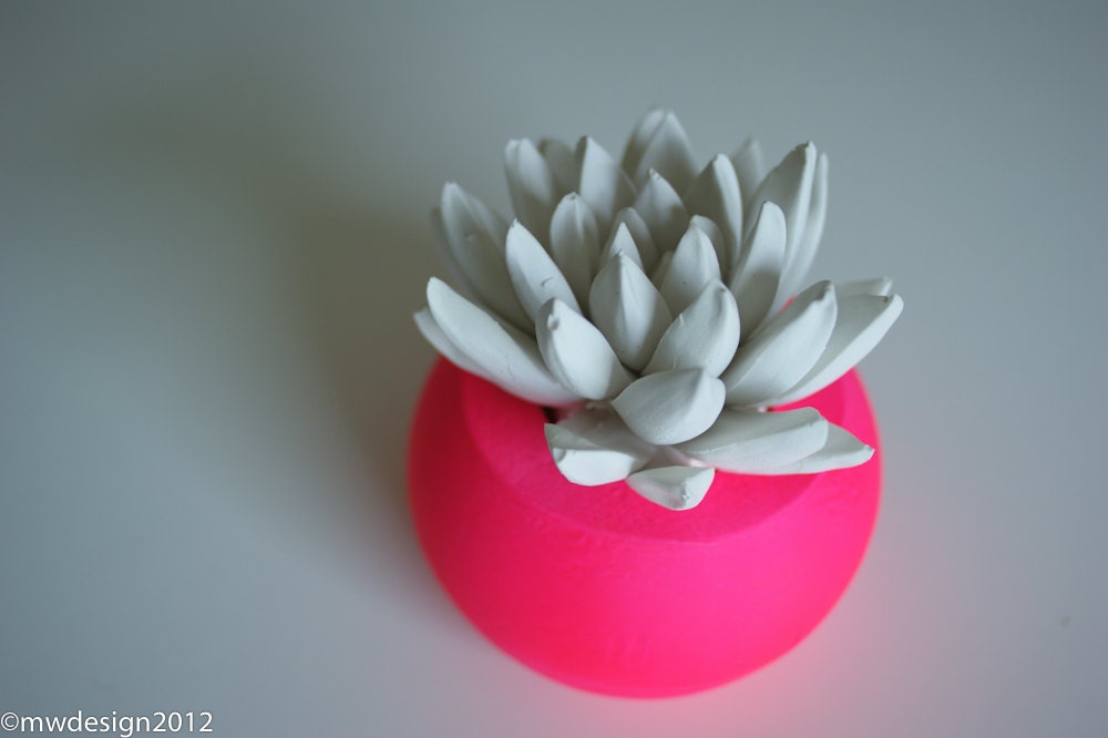 White Succulent Sculpture in Neon Pink Round Container, Desktop Accessory, Tabletop Centerpiece
