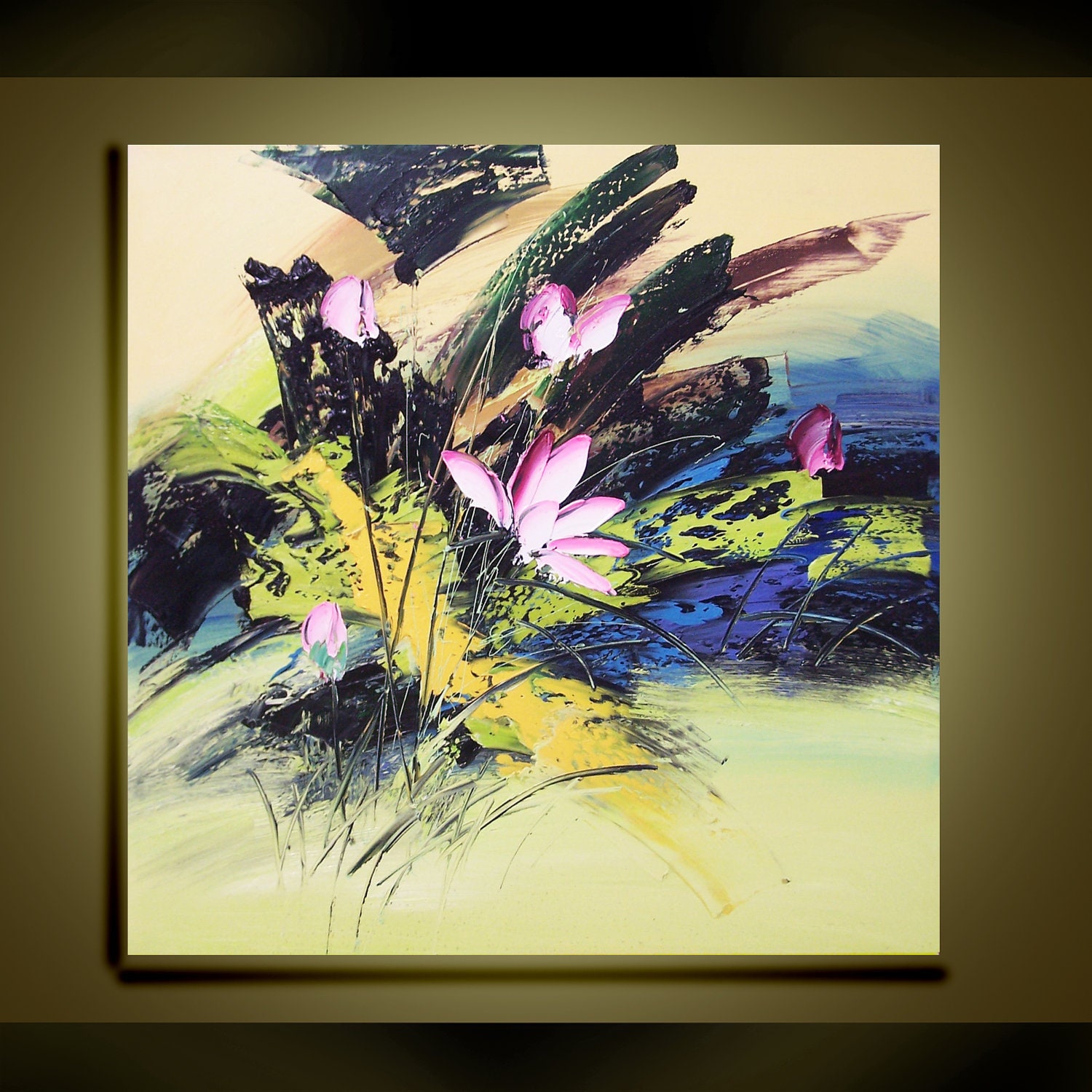 Original Abstract Modern  Palette Knife Floral Fine art Oil Painting on Canvas Lovely lotus Ready to Hang by Qujun 28" by 28"