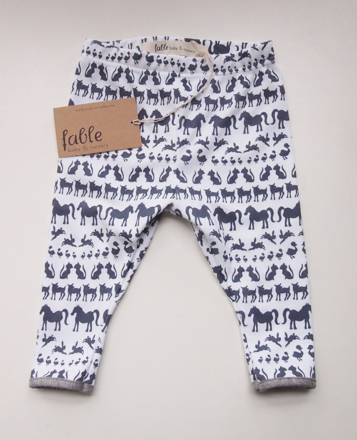 Hand Screen Printed Unisex Baby Footless Legging in Organic Cotton - Navy Animals on White
