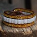 Wrapped Leather Bracelet with Powder Blue Lace Agate & Gold Glass Beads and Vintage Button - Brown Leather Cuff