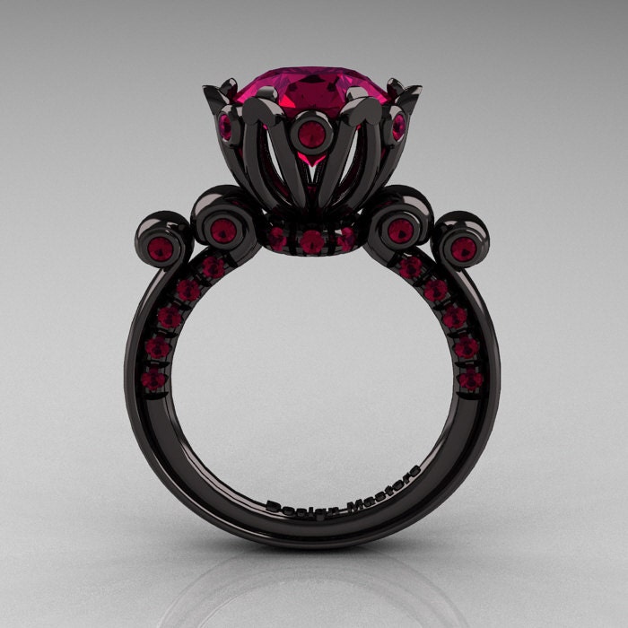 French Antique 14K Black Gold 3.0 Carat Red Garnet Solitaire Wedding Ring Y235-14KBGRG