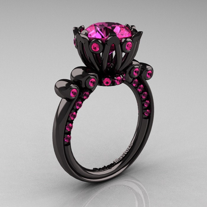 French Antique 14K Black Gold 3.0 Carat Pink Sapphire Diamond Solitaire Wedding Ring Y235-14KBGPS