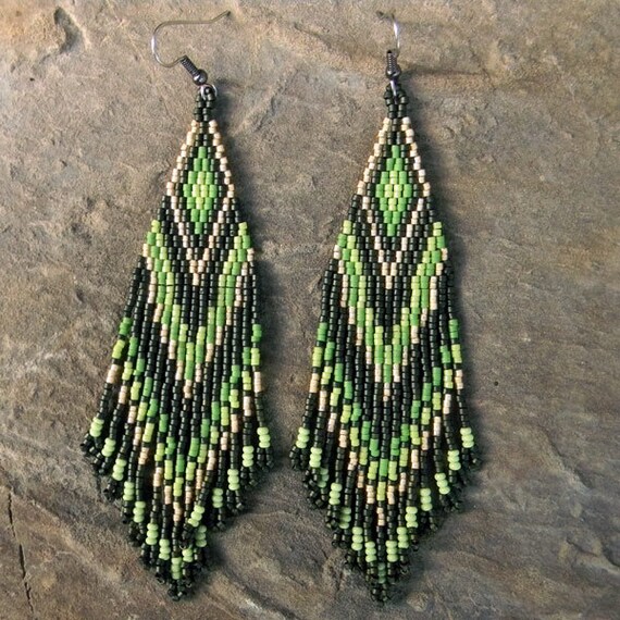 Long  Tribal / Boho Seed Bead Earrings in green and beige tones - peyote earrings, beaded jewelry