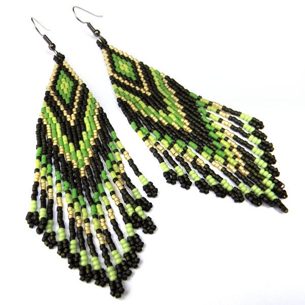 Long  Tribal / Boho Seed Bead Earrings in green and beige tones - peyote earrings, beaded jewelry
