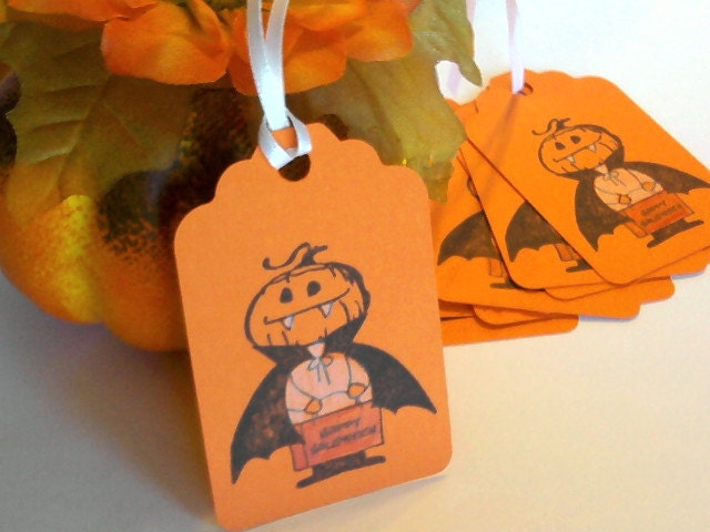SALE Halloween Treat Gift Tags Little Pumpkin Vampire Orange Set of 8 - AlwaysPrettyPaper