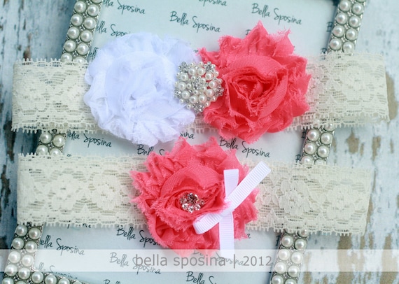 Coral Bridal Garter and Toss Garter - Cream Wedding Garter Set - Lace Bridal Garter - Rhinestone and Pearl
