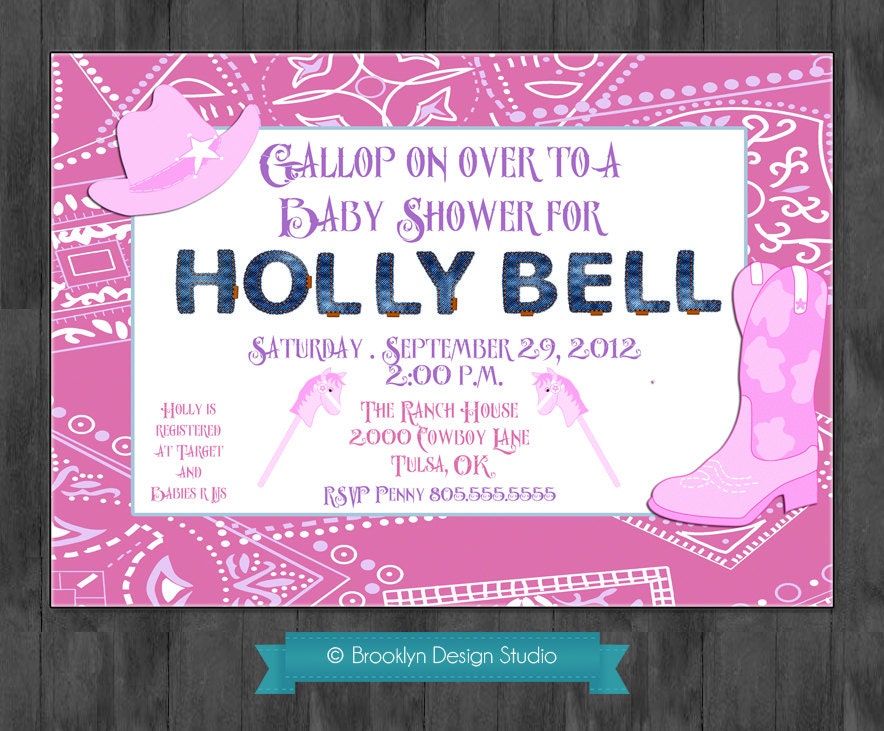 Cowboy Baby Girl Shower Invitation - Custom Designed - Pink, Purple and White Bandana - Digital File