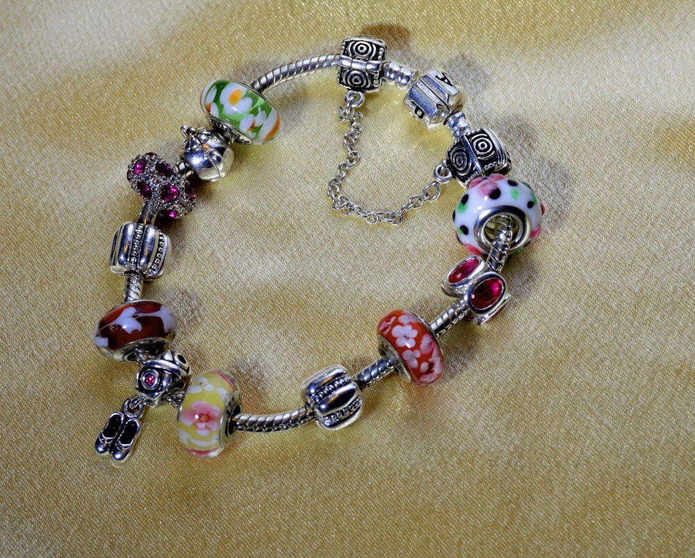 Sterling Silver and Pink Enamel Flower Bead for European Style Bracelets .925
