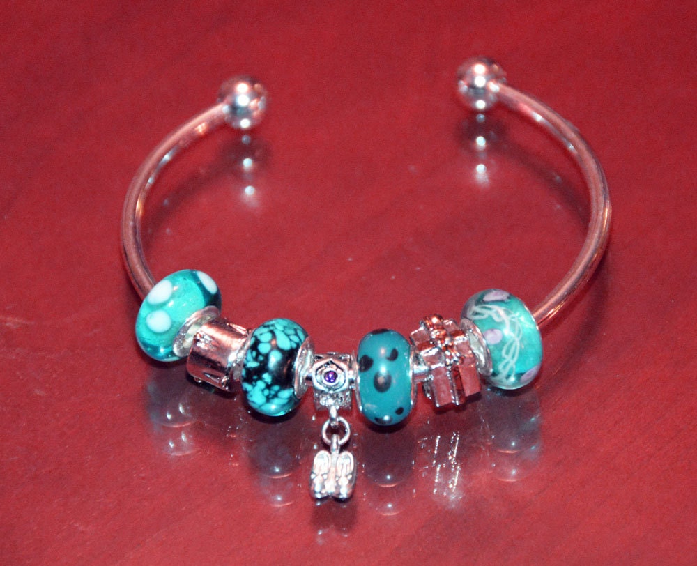Aqua Blue Murano Glass Bead Cuff Style Charm Bracelet with Silver Charms Dangle Shoes and Gift Box Charms