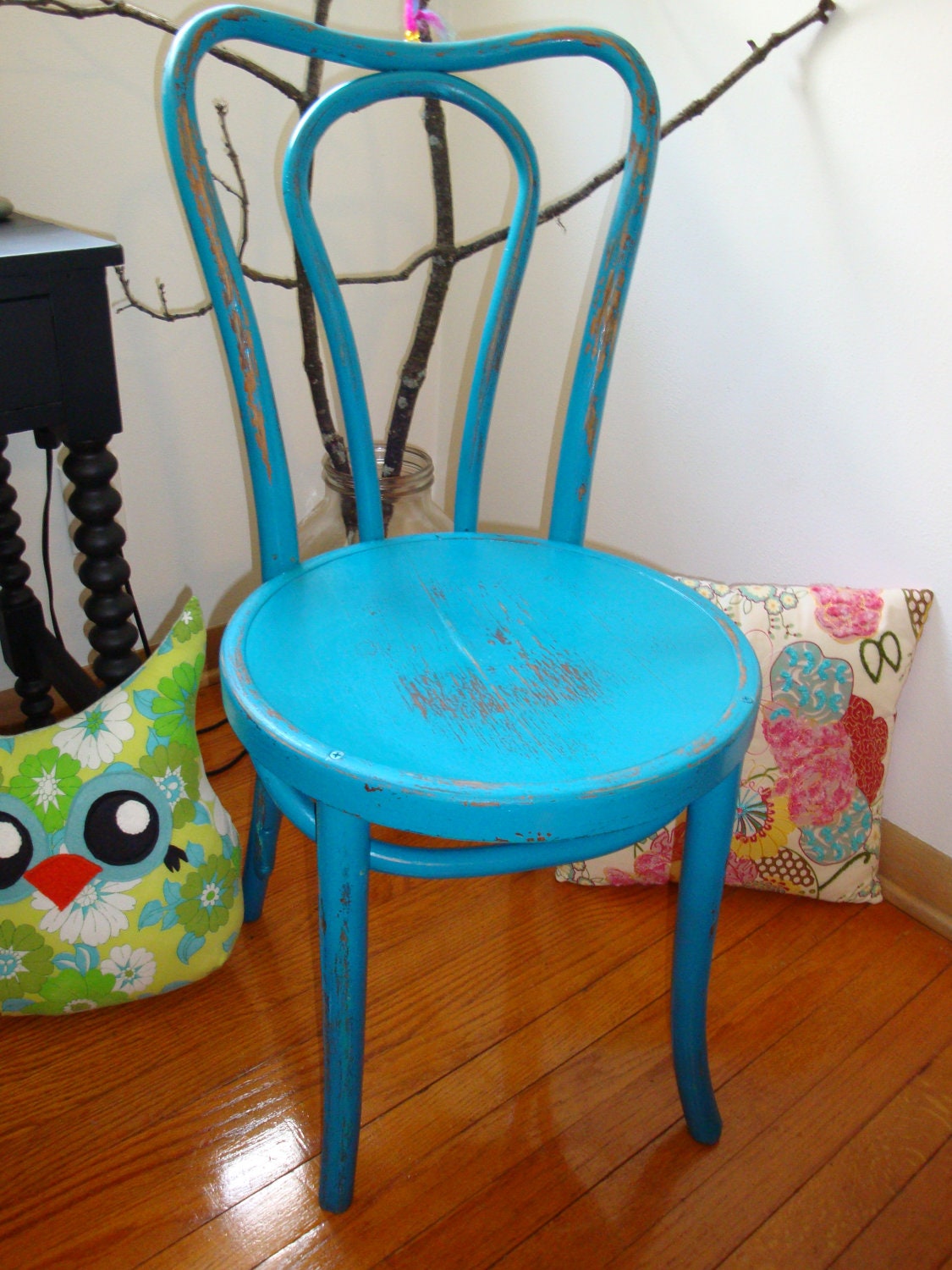 Beautiful Hand-painted Upcycled Unique Bent Wood Desk Dressing Chair Round Seat in Vintage Shabby Chic Distressed Cottage Turquoise Blue