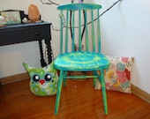 Hand-painted Unique OOAK Unique Wood Chair Dressing Table, Porch, Desk in Vintage Shabby Chic Distressed Cottage Bright Blue & Green