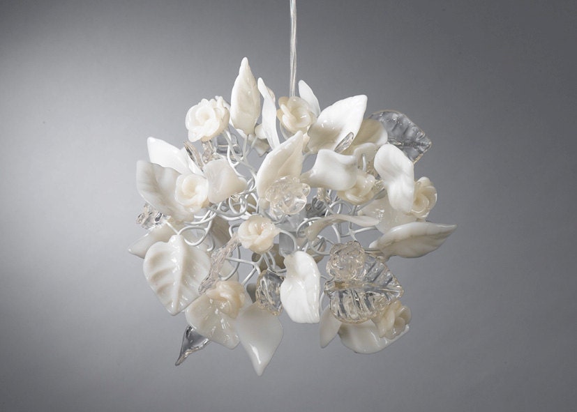 Ceiling chandelier.  clear and white flowers and leaves. - yehudalight