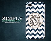 iphone 4 case - iphone 4s case - plastic or silicone rubber -navy chevron monogram