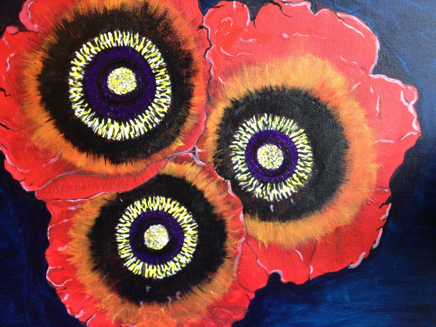 bright red poppies in full bloom and bursting with colour. This painting is now sold.