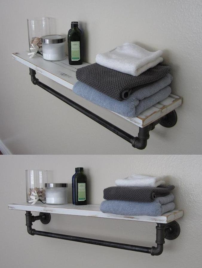 Nautical Beach Cottage Reclaimed Cedar Pipe Shelf and Towel hanger in Distressed Whisper White