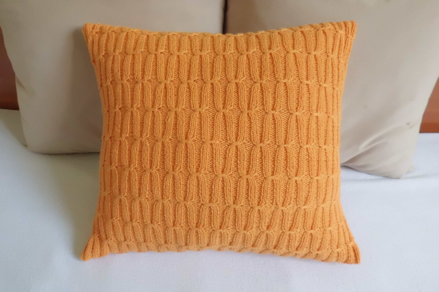 Tangerine knitted cushion, orange14x14 couch pillow, nectarine cable knit pillow, decorative pillowcover, knitted pillow cover, knitt throw - Adorablewares