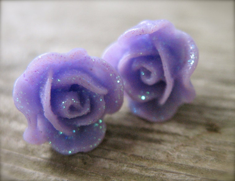 Purple Rose Earrings, Titanium Posts, Hypoallergenic, Glitter