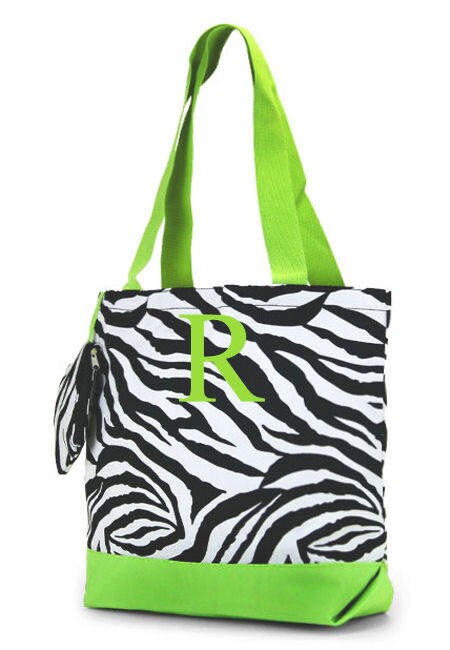 Personalized Lime Zebra Tote Bag with Lime Embroidery in Times Roman ...