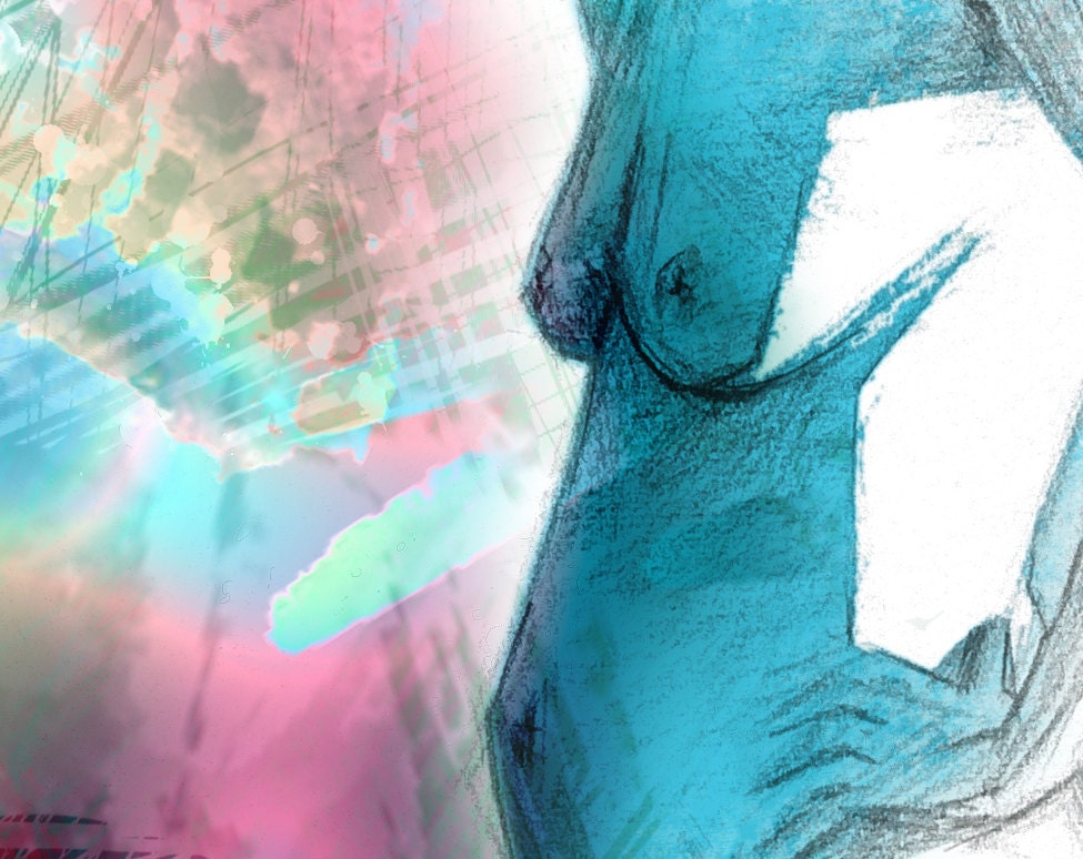 nude art. naked woman standing. pencil & photosop drawing. PRINT