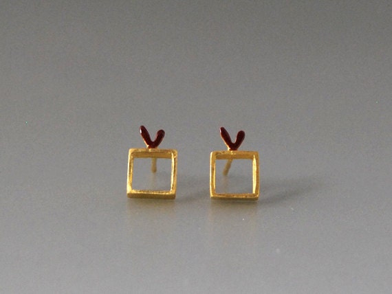 Windows Of Love Small Delicate Earrings Red Enamel Heart Square Cut Perfect For Everyday Gift