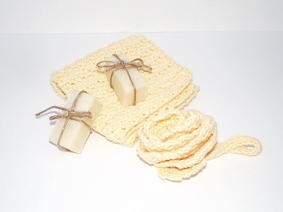 Wedding Bridesmaids Bath Gift Set Soap Facial Scrubbie and Wash Cloth Natural Cotton
