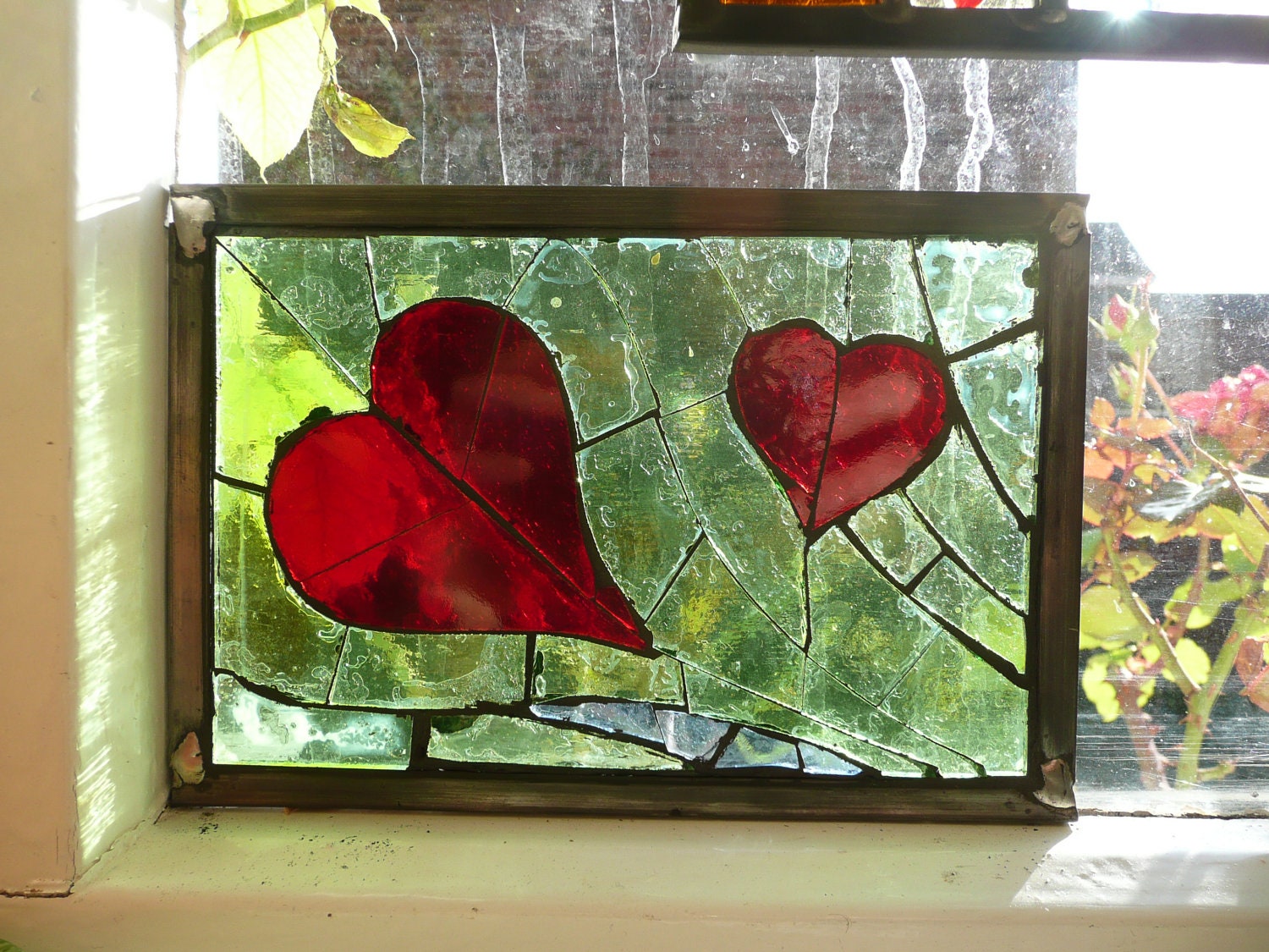 SOLD Stained Glass Panel - Vintage Glass  Floating Hearts
